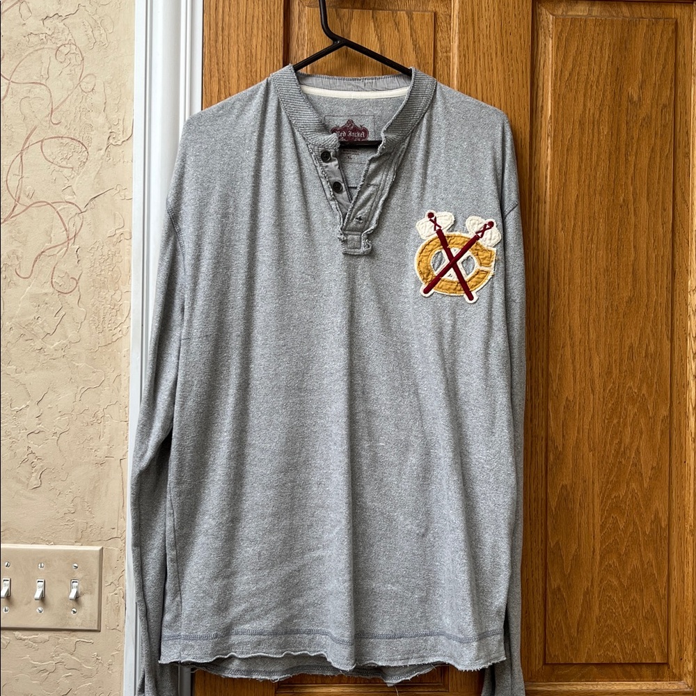 Red Jacket Gray Crewneck with Logo. Chicago Blackhawks Henley. Vintage look.